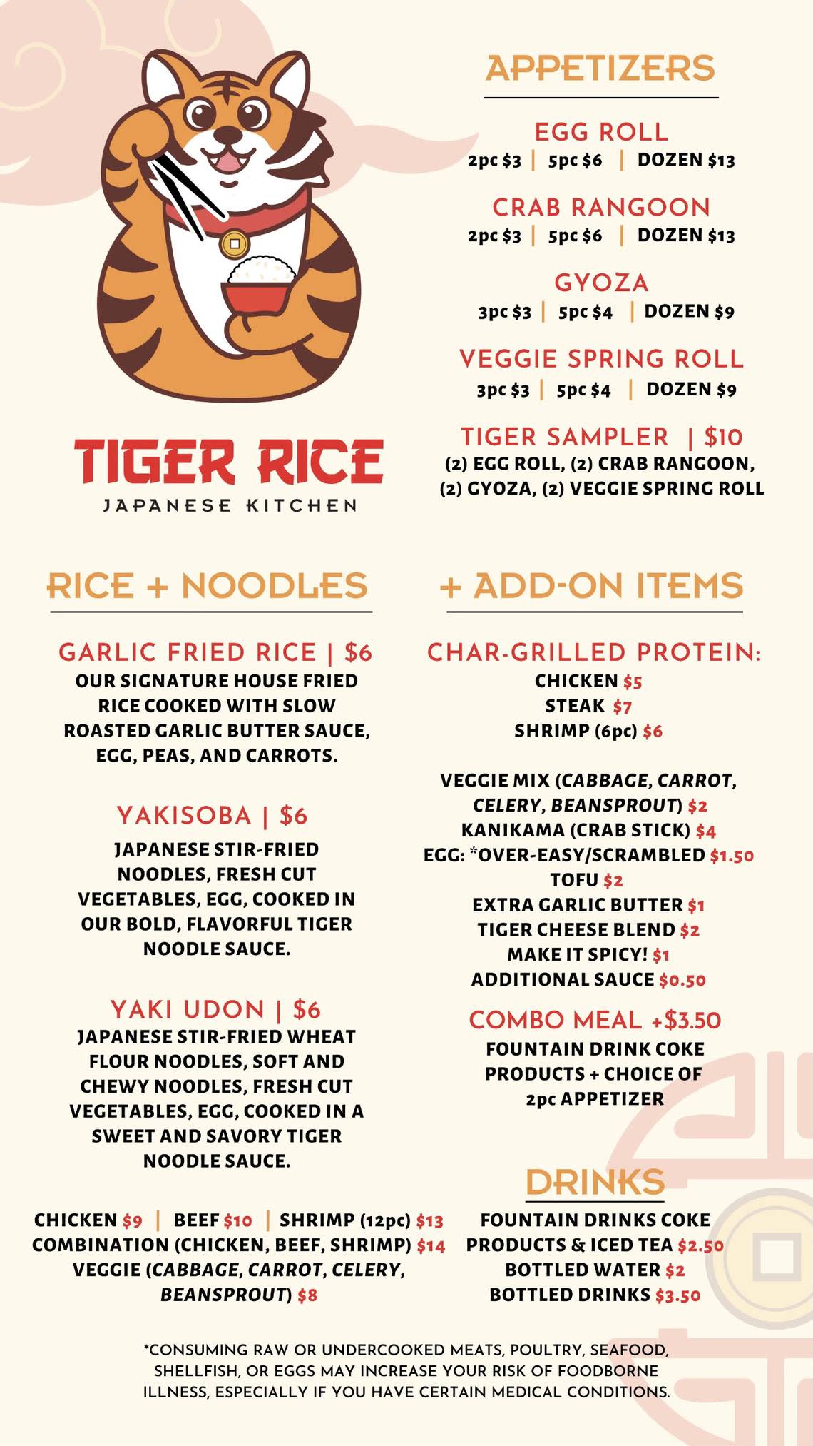 The menu for Wichita’s Tiger Rice Japanese Kitchen