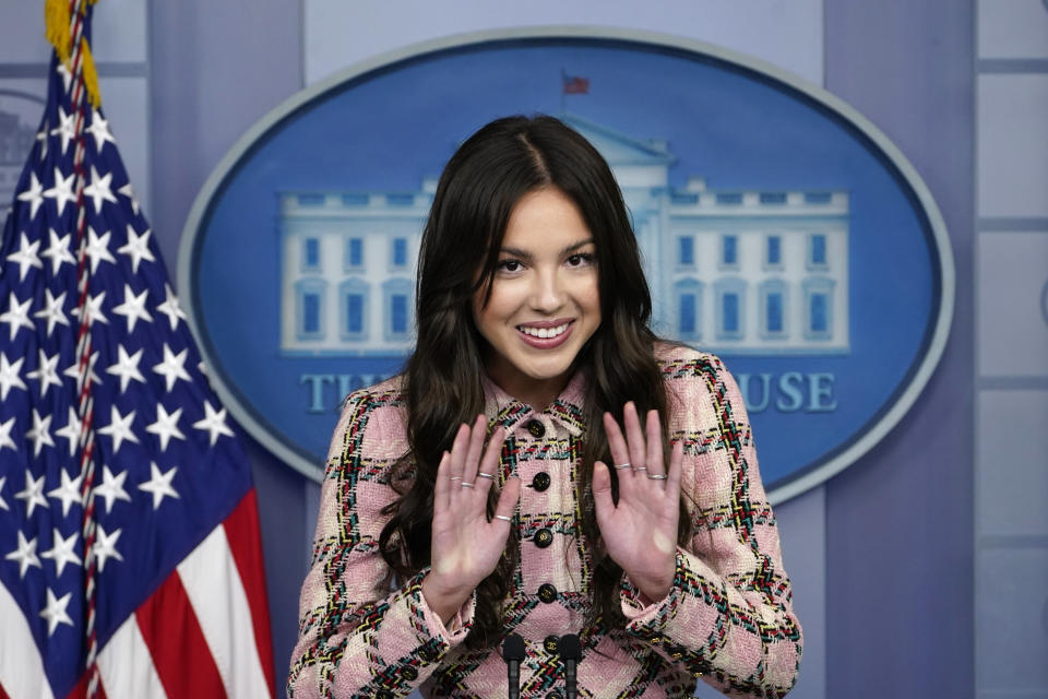 Teen pop star Olivia Rodrigo speaks at the beginning of the daily briefing at the White House in Washington, Wednesday, July 14, 2021. Rodrigo is at the White House to film a vaccination video. (AP Photo/Susan Walsh)