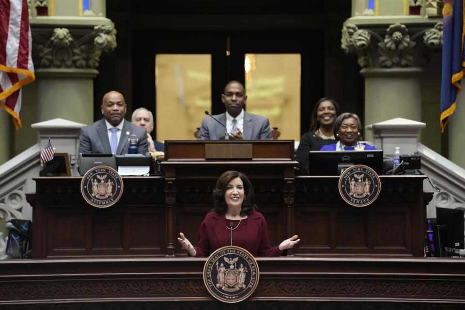 New York Governor Kathy Hochul, bottom center, speaks during the State of the State address in Albany, N.Y., Tuesday, Jan. 9, 2024. The Democrat outlined her agenda for the ongoing legislative session, focusing on crime, housing and education policies. (AP Photo/Seth Wenig)