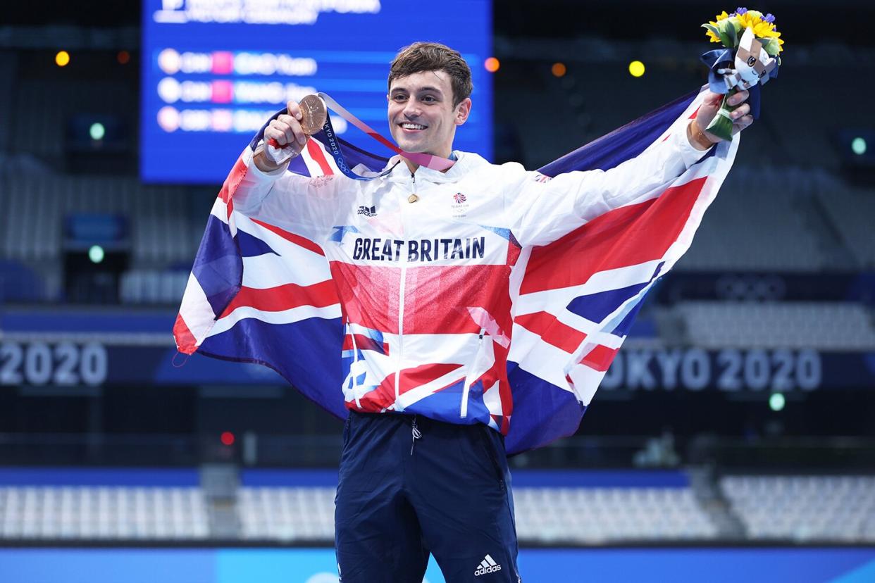 Thomas Daley of Great Britain poses after the men's 10m platform final of diving at the Tokyo 2020 Olympic Games in Tokyo, Japan, Aug. 7, 2021.