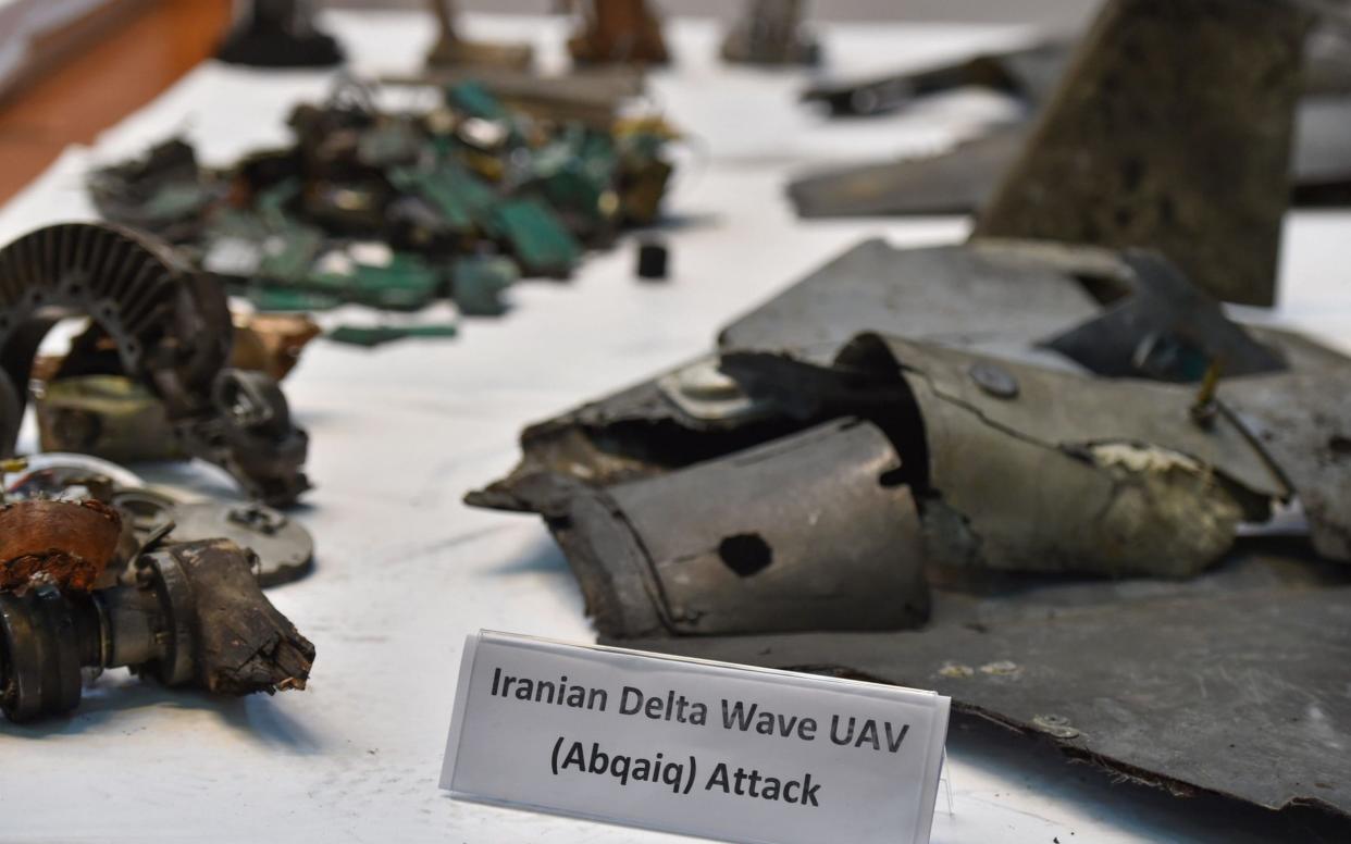 A picture taken on September 18, 2019 shows displayed fragments of what the Saudi defence ministry spokesman said were Iranian cruise missiles and drones - AFP