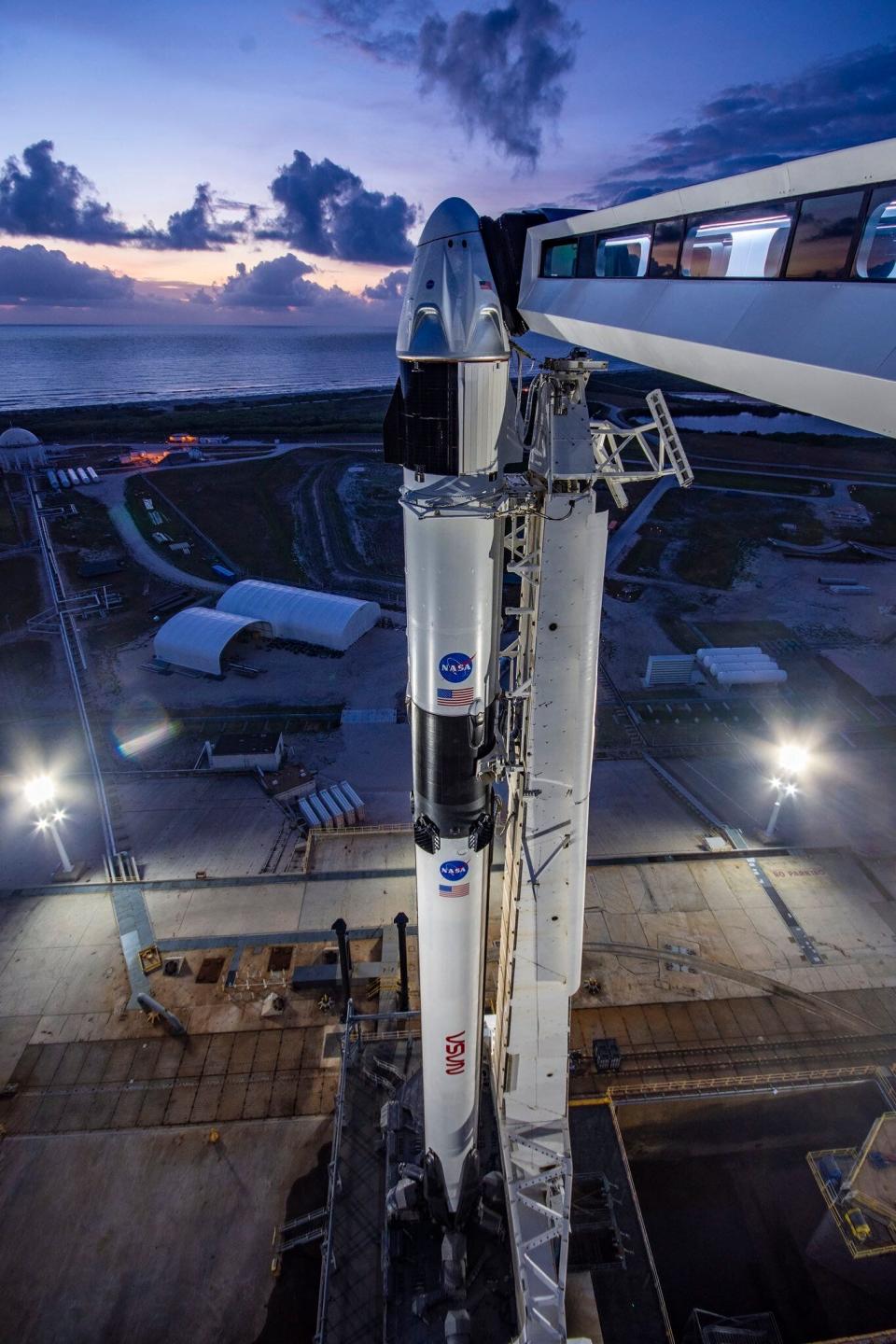 The Crew Dragon capsule sits atop a rocket on May 24, 2020, at Cape Canaveral, Florida. If it launches as planned, it will mark the first time in nearly a decade that NASA astronauts have lifted off from American soil.