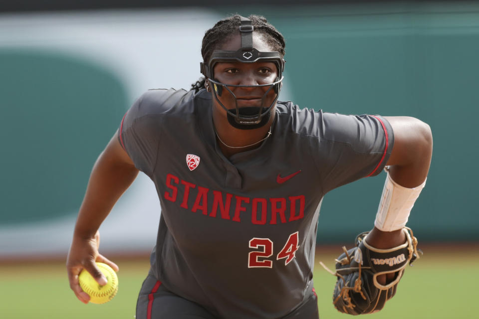 FILE - Stanford pitcher NiJaree Canady (24) throws against Oregon during an NCAA college softball game on Saturday, March 18, 2023, in Eugene, Ore. (AP Photo/Amanda Loman, File)