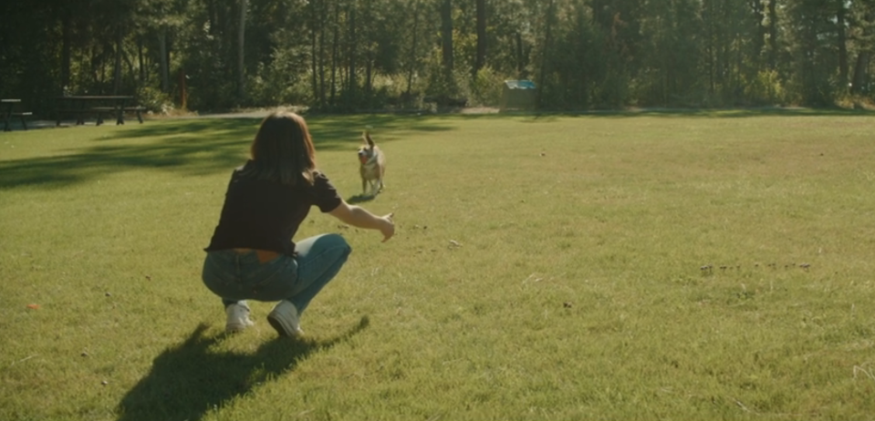 lucy hale playing with dog in park, squatting arms open as he runs to her