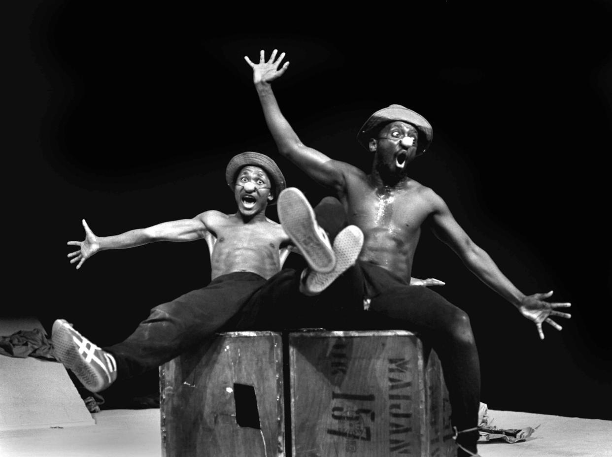 Mbongeni Ngema, right, in a scene with Percy Mtwa from "Woza Albert." Ngema, a renowned South African playwright, producer and composer died in a fatal car crash at the age of 68, his family confirmed.