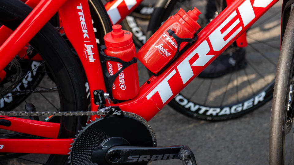 A red Trek bike with Sram Red equipment