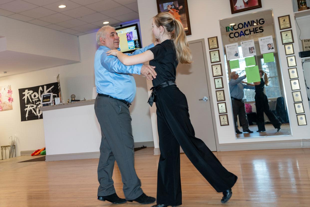 Jan 4, 2024; Cedar Grove, NJ, US; Paul Mistrette takes dance lessons from Anastasiya Plytych at Fred Astaire Dance Studios.