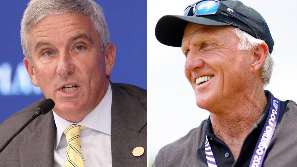 From left to right, PGA Tour Commissioner Jay Monahan and LIV Golf CEO Greg Norman.