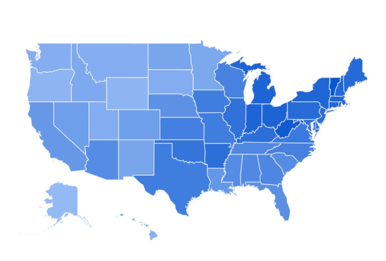 States that googled "eyes hurt" the most during the solar eclipse