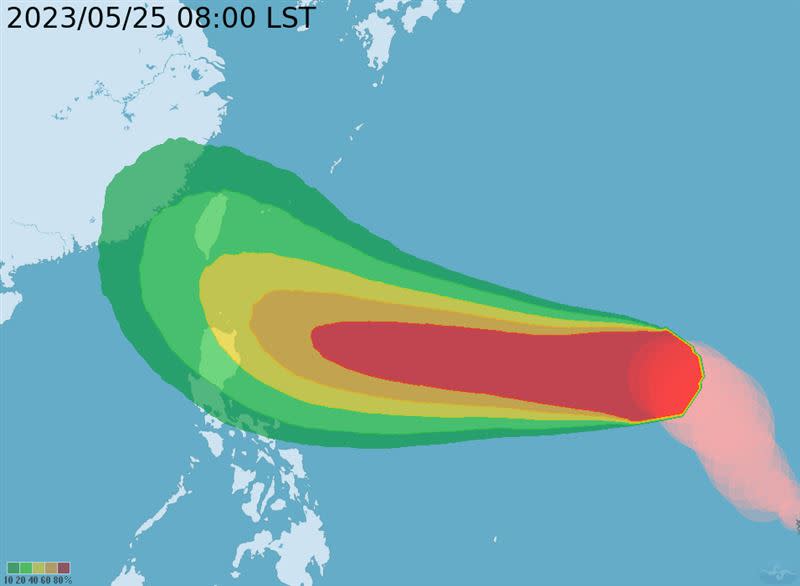 瑪娃颱風中心朝向西北西進前進，氣象局公布暴風圈侵襲機率。（圖／翻攝自中央氣象局）