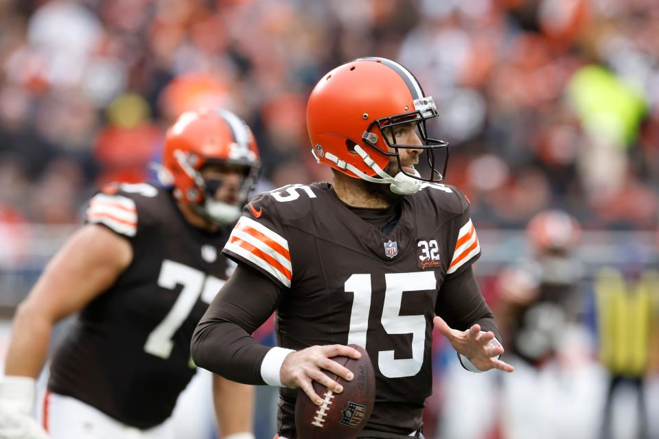 Browns quarterback Joe Flacco throws during the first half against Jacksonville, Sunday, Dec. 10, 2023, in Cleveland.