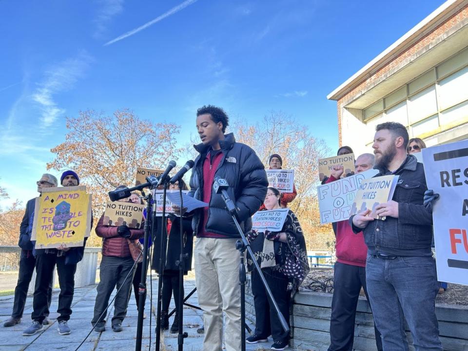 Southern Connecticut State University senior Rakim Grant denounced tuition hikes and student service cuts at the state’s regional universities and community colleges.