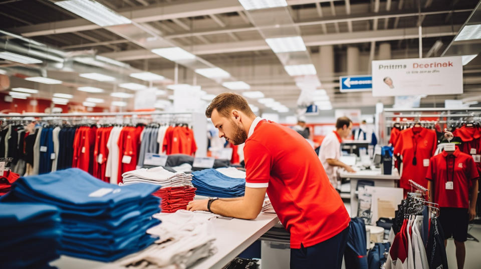 A team of shoppers selecting items from a wide range of brand-name merchandise in a discount store.