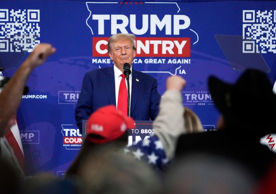 Republican presidential candidate and former President Donald Trump speaks during a rally, Saturday, Nov. 18, 2023, in Fort Dodge, Iowa. (AP Photo/Bryon Houlgrave)