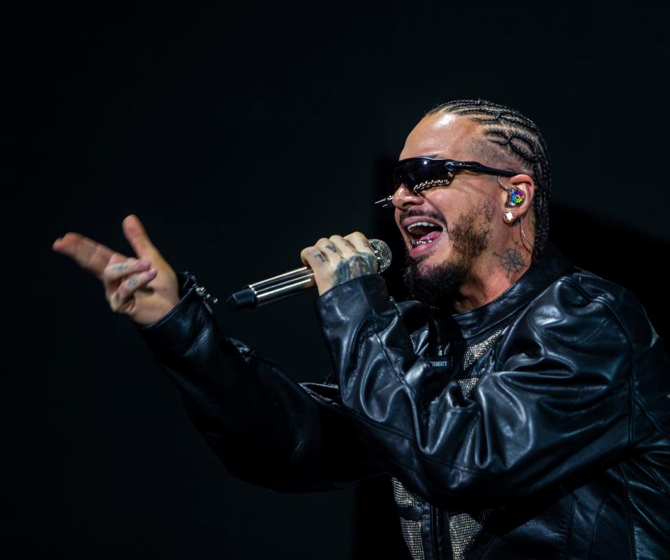 J Balvin performs on the Coachella Stage during the Coachella Valley Music and Arts Festival in Indio, Calif., Sunday, April 14, 2024.