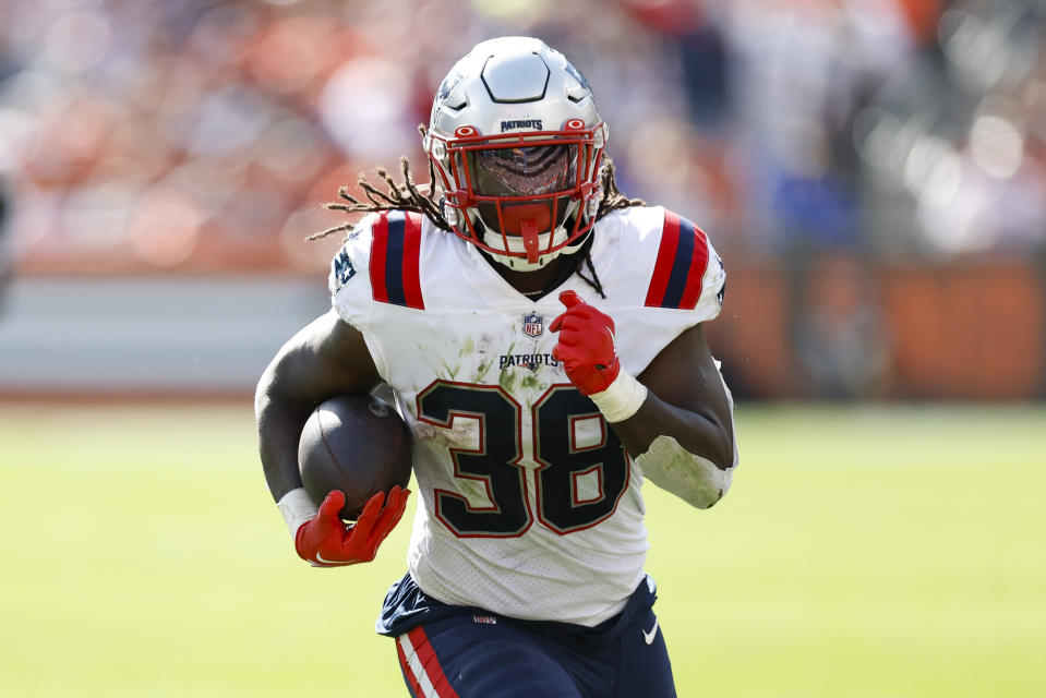 New England Patriots running back Rhamondre Stevenson (38) breaks away on his way to a touchdown run of over 30 yards against the Cleveland Browns during the first half of an NFL football game, Sunday, Oct. 16, 2022, in Cleveland. (AP Photo/Ron Schwane)