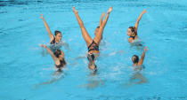 <p>Malaysia performs during the synchronised swimming team free event on 20 Aug. Singapore won gold in the event, Malaysia took the silver and Indonesia bronze. Photo: Hannah Teoh/Yahoo News Singapore </p>