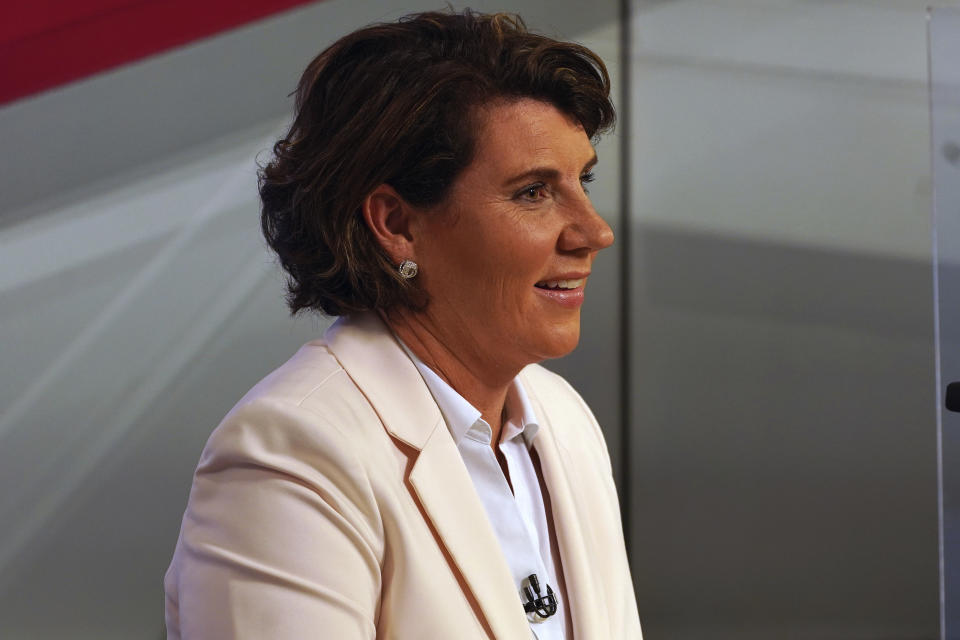 Democratic challenger Amy McGrath speaks during a debate with Senate Majority Leader Mitch McConnell, R-Ky., in Lexington, Ky., Monday, Oct. 12, 2020. (Michael Clubb/The Kentucky Kernel via AP, Pool)