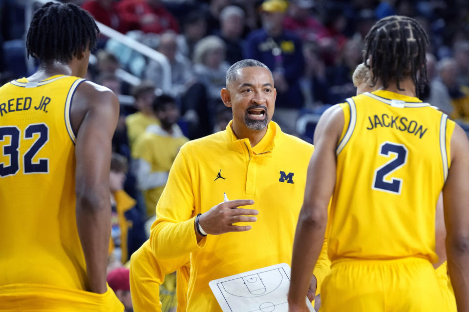 Michigan head coach Juwan Howard talks to his team during the second half of an NCAA college basketball game against Nebraska, Sunday, March 10, 2024, in Ann Arbor, Mich. Michigan fired Howard on Friday, March 15, 2024, after five seasons, 82-67 record and two NCAA Tournament. trips.(AP Photo/Carlos Osorio, File)