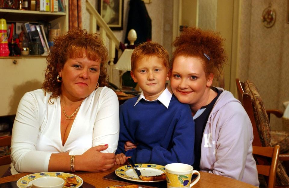 Cilla Brown (Wendi Peters), Chesney Brown (Sam Aston) and Fiz Brown (Jennie McAlpine) in Coronation Street, 2003. (ITV/Shutterstock)
