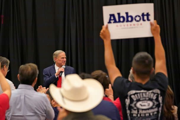 PHOTO: Texas Gov. Greg Abbott, center, addresses supporters after his debate with Texas Democratic gubernatorial candidate Beto O'Rourke, Sept. 30, 2022, in McAllen, Texas. (Eric Gay/AP)