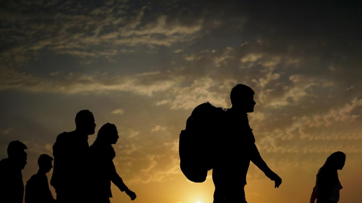 silhouette of people crossing land on sunset