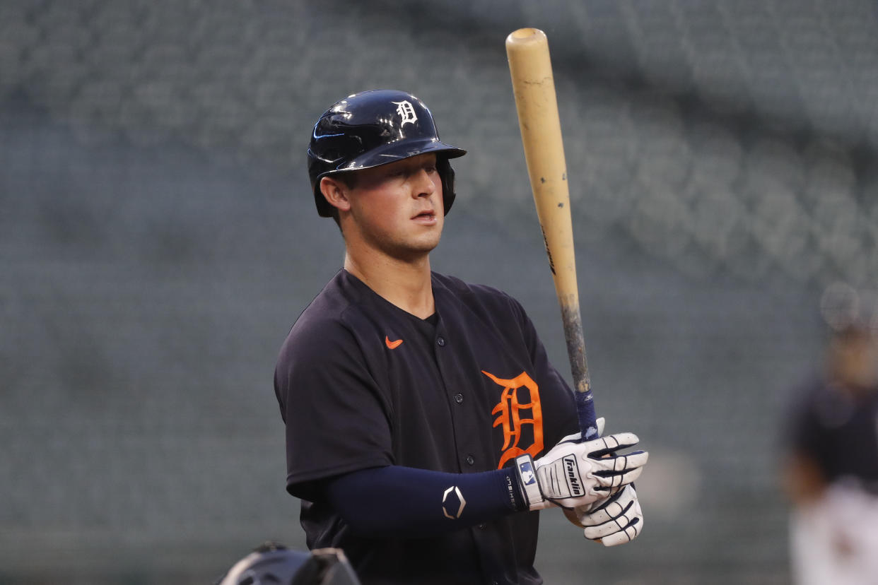 Detroit Tigers' Spencer Torkelson bats during an intrasquad baseball game, Thursday, July 16, 2020, in Detroit. (AP Photo/Carlos Osorio)