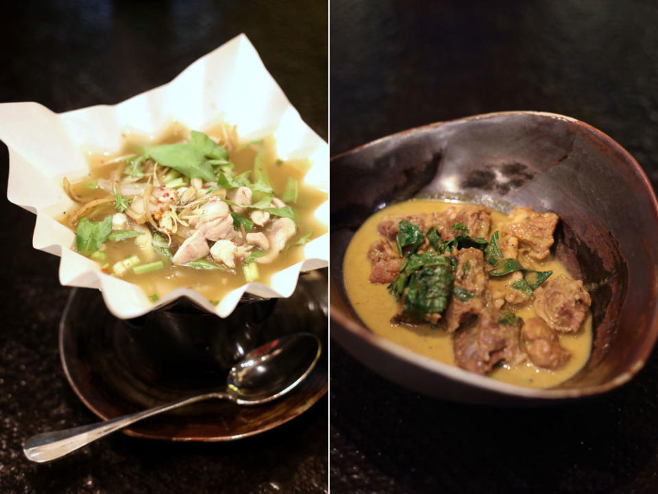 Creamy 'tom kha gai' soup served in a fireproof paper vessel (left) and 'gaeng nue yang bai chaplu' or beef yellow curry (right).