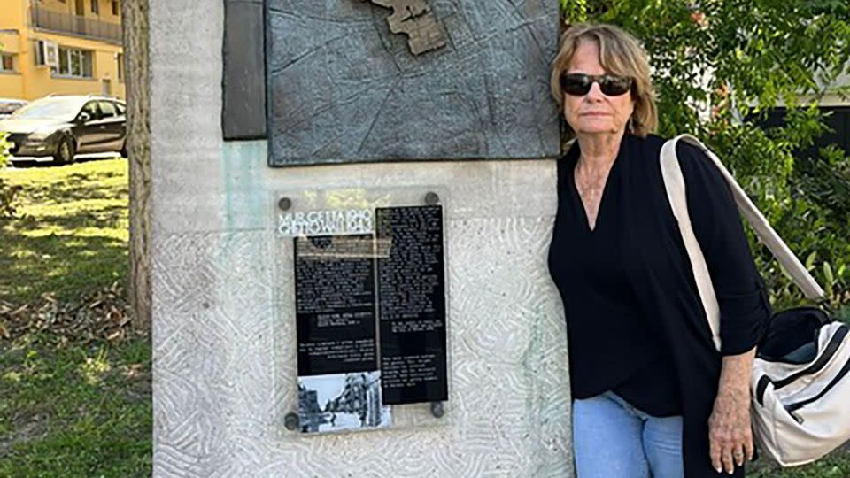 Elana Milman is pictured at the Warsaw Ghetto monument during her recent visit to Poland. Both her parents, she has learnt, were in Warsaw during the uprising of 1944. - Courtesy Elana Milman