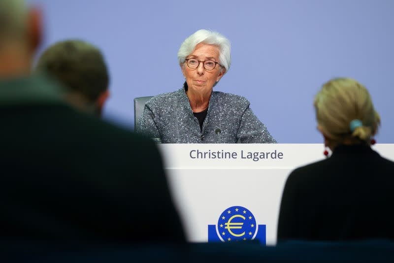 FILE PHOTO: European Central Bank (ECB) President Christine Lagarde addresses a news conference on the outcome of the meeting of the Governing Council, in Frankfurt