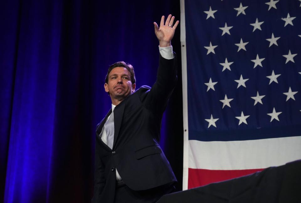 Florida governor and Republican presidential candidate hopeful Ron DeSantis speaks during the Lincoln Dinner on Friday, July 28, 2023, at the Iowa Events Center in Des Moines.