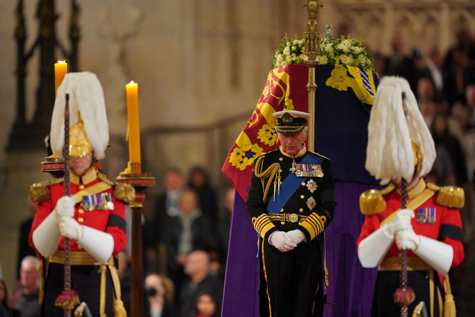 King Charles III stands vigil beside the coffin of his mother, Queen Elizabeth II, as it lies in state on the catafalque in Westminster Hall, at the Palace of Westminster, London. September 16, 2022. Dominic Lipinski/Pool via REUTERS