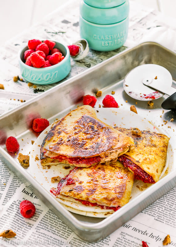 <p>Mommy's Home Cooking</p><p>Raspberry and chocolate are such a terrific flavor combo.</p><p><strong>Get the recipe: <a href="https://mommyshomecooking.com/sweet-raspberry-chocolate-chip-quesadilla/" rel="nofollow noopener" target="_blank" data-ylk="slk:Raspberry Chocolate Chip Quesadilla;elm:context_link;itc:0;sec:content-canvas" class="link ">Raspberry Chocolate Chip Quesadilla</a></strong></p>