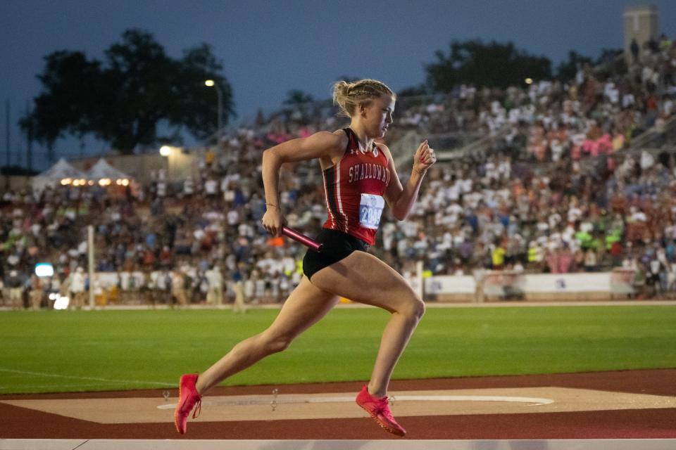Shallowater's Makki Hart competes in the 1,600-meter relay during the Class 3A state track and field meet, Thursday, May 11, 2023, at Mike A. Myers Stadium in Austin. Shallowater won with a time of 3 minutes, 53.89 seconds.
