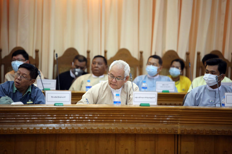 Representatives of various political parties attend a meeting organized by the Union Election Commission Friday, May 21, 2021 in Naypyitaw, Myanmar. The head of Myanmar's military-appointed state election commission says his agency will consider dissolving Aung San Suu Kyi's former ruling party for its alleged involvement in electoral fraud and have its leaders charged with treason. (AP Photo)