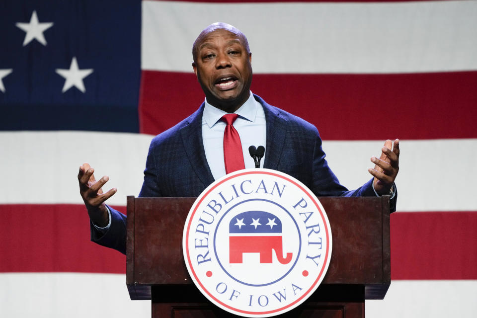 Republican presidential candidate Sen. Tim Scott, R-S.C., speaks at the Republican Party of Iowa's 2023 Lincoln Dinner in Des Moines, Iowa, Friday, July 28, 2023. (AP Photo/Charlie Neibergall)