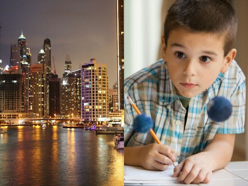 Dubais Skyline und ein Symbolbild von einem lernenden Kind. - Copyright: Getty Images
