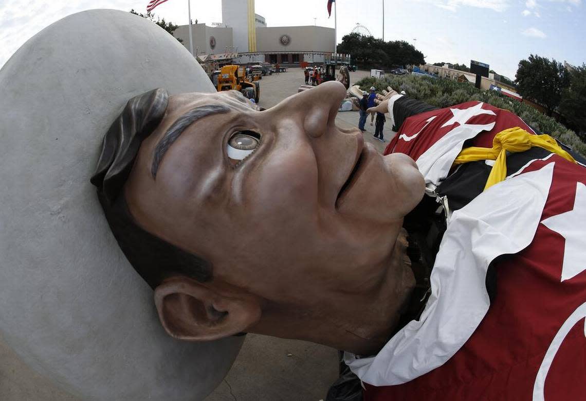 Big Tex was laid out before being placed in his traditional location at the State Fair of Texas.