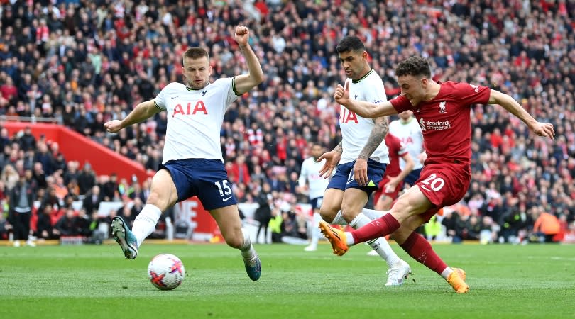   Diogo Jota hits Liverpool's winner in their 4-3 win over Tottenham at Anfield in April 2023. 