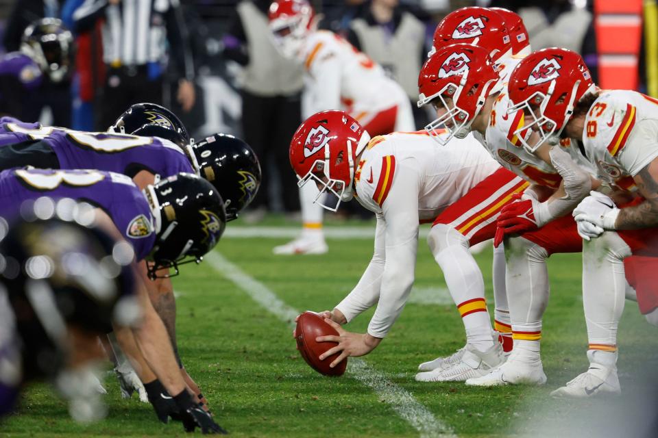 The Kansas City Chiefs offense lines up against the against the Baltimore Ravens defense during the third quarter in the AFC championship football game at M&T Bank Stadium.