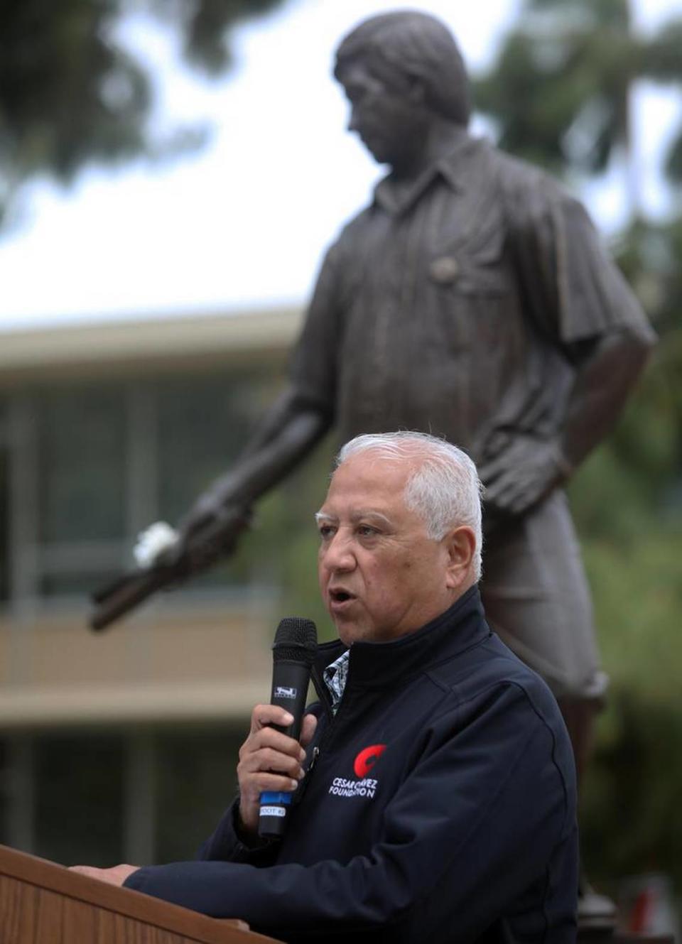 Paul Chávez spoke about his father during Fresno State commemoration of his father, farmworker leader César E. Chávez, in the Peace Garden on March 22, 2023.
