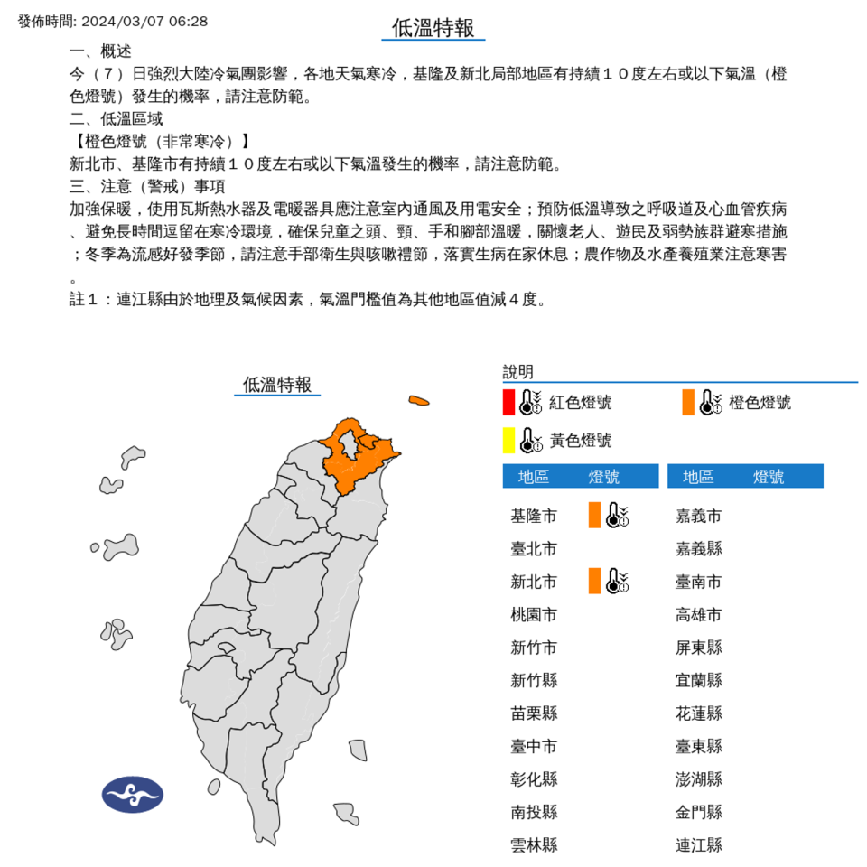 氣象署針對北台灣2縣市發布「低溫特報」，新北市及基隆市都亮起「橙色燈號」。（中央氣象署提供）