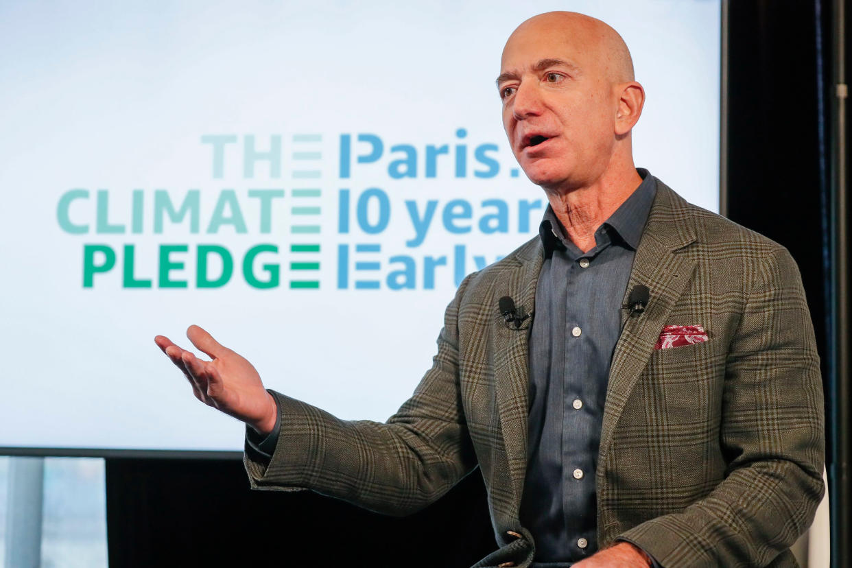 Amazon CEO Jeff Bezos, speaks in Washington, DC as the company co-founds The Climate Pledge. (Credit: Amazon)