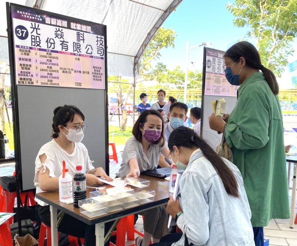 適逢畢業求職旺季，科技部南科管理局與高雄市勞工局23日於岡山樂購廣場，合辦「吉薪高照 就業雄讚」大型現場徵才活動。（記者蔣謙正翻攝）