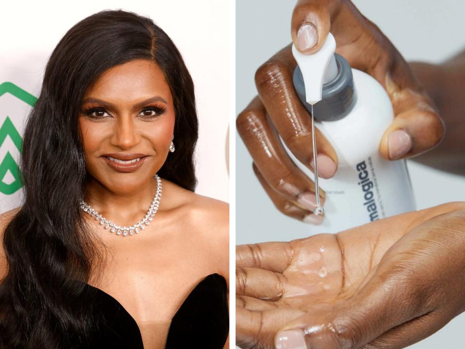 Mindy Kaling on left; hands pumping out Dermalogica cleansing oil on right