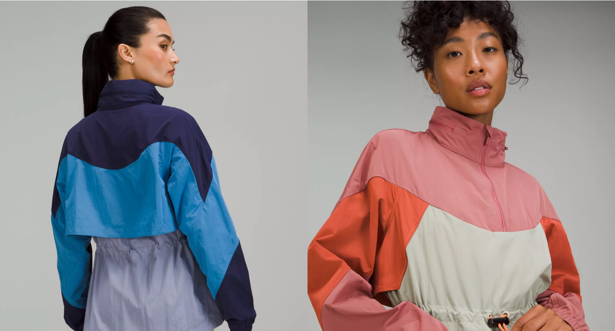 two models wearing pink and blue anoraks, Lululemon's Evergreen Anorak is 