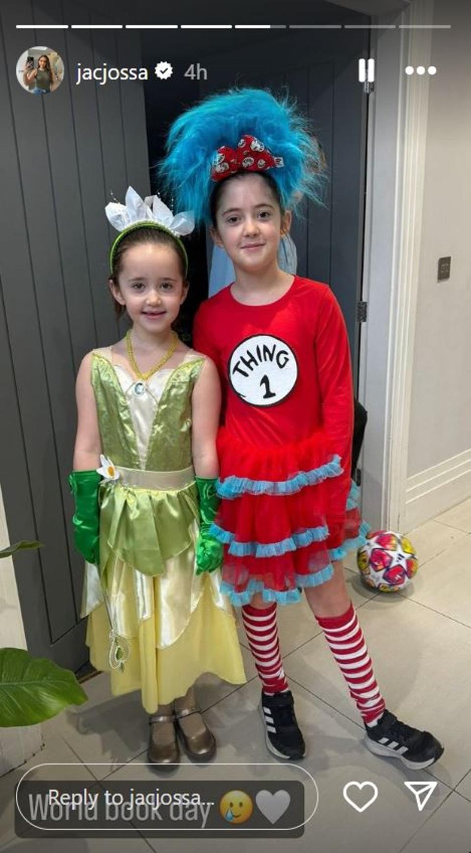 Jacqueline Jossa’s daughters Ella, seven, and Mia, four, dressed as Dr Seuss icon Thing 1, and Peter Pan’s Tinkerbell (Instagram)