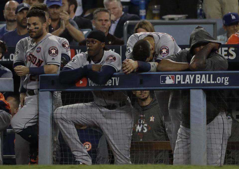 The Astros look on during the ninth inning of the Game 6. (AP)