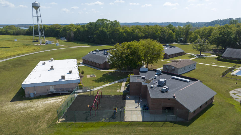 This aerial image taken with a drone shows Cumberland Hospital for Children and Adolescents on Tuesday Sept. 20, 2022, in Richmond, Va. The office of Virginia Attorney General Jason Miyares handed off its jurisdiction in a long-running investigation into allegations of sexual misconduct and other abuses at a hospital. (AP Photo/Steve Helber)