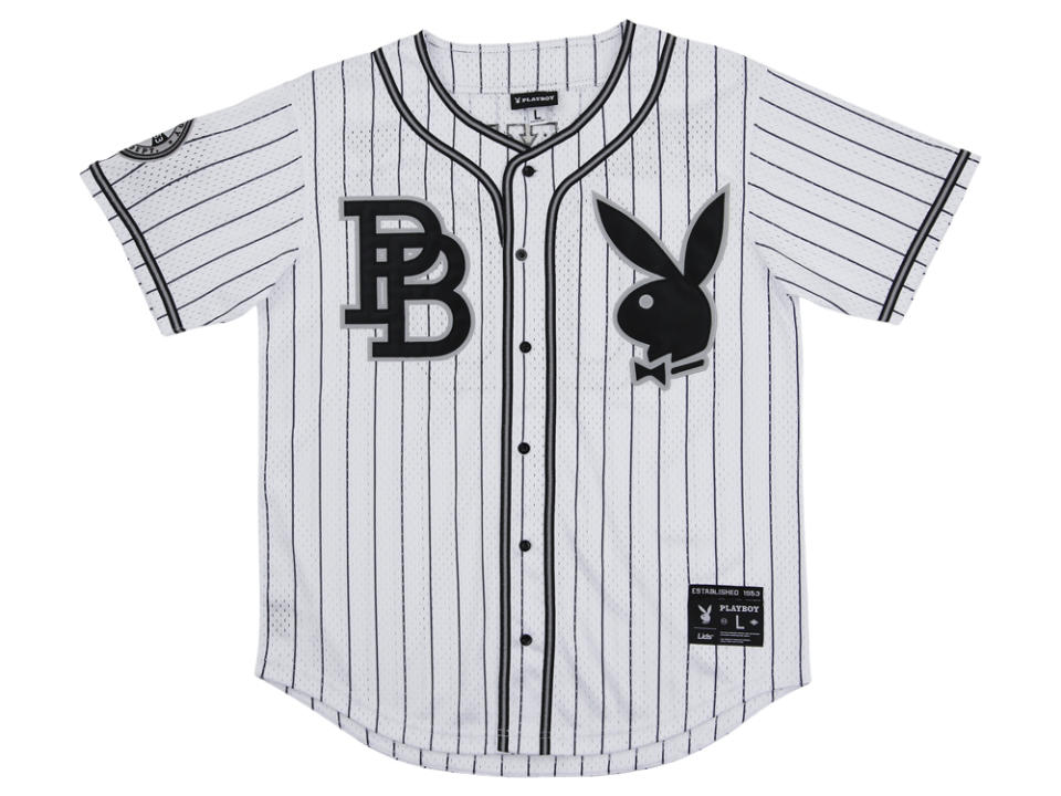 Playboy x Lids Pinstripe baseball jersey in white with black stripes